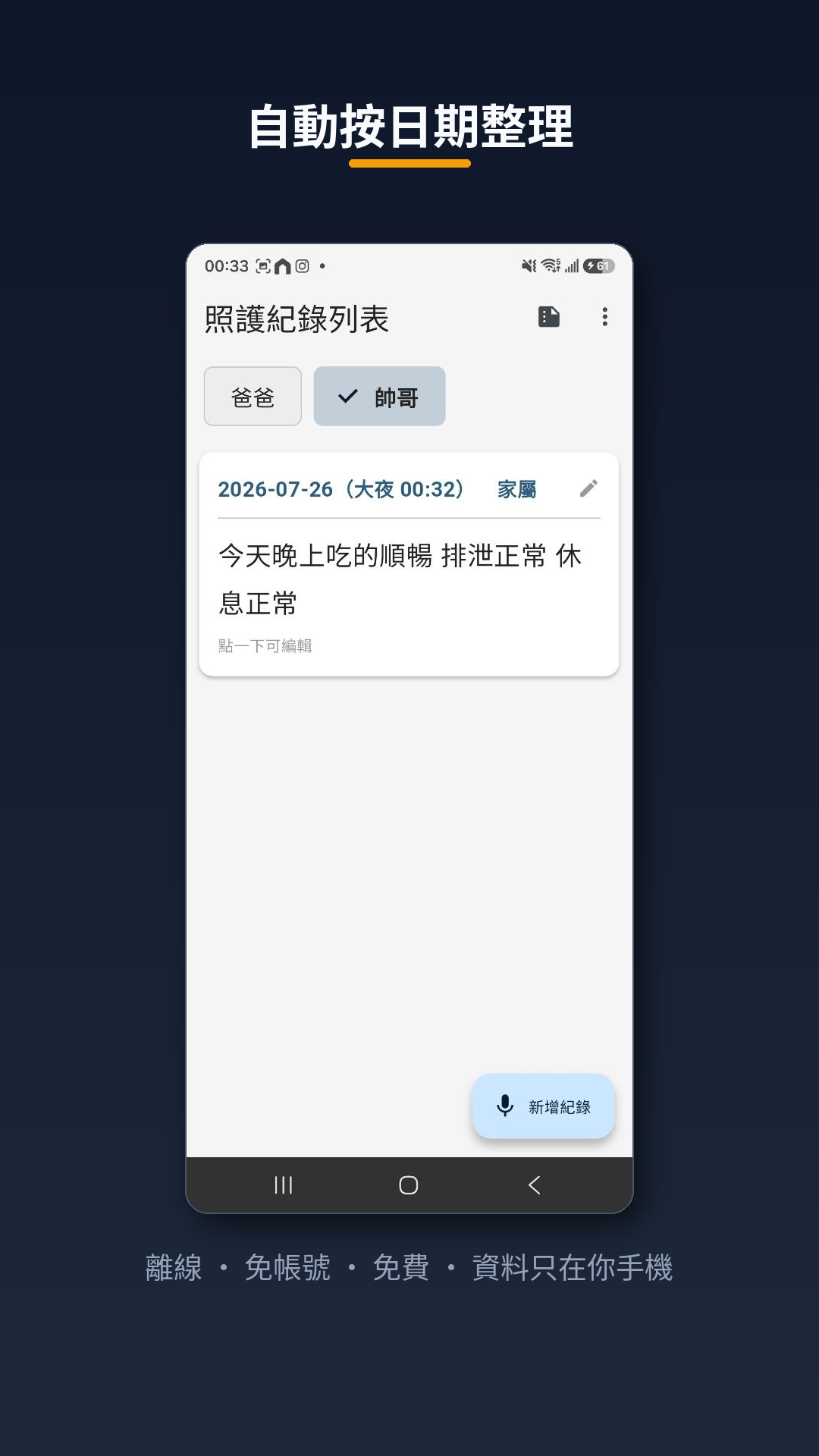 照護紀錄 App 紀錄列表畫面:自動按日期整理